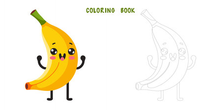 Coloring book of groovy cartoon banana. Coloring page of happy cute fruit character, plant with smiling face, funny berry, graphic elements isolated collection. Vector food illustration.のイラスト素材