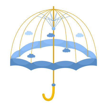 Open transparent umbrella with blue clouds. Rainy seasonal parasol. Protecting accessories. Autumn, spring season. Hand drawn colored vector illustration in flat style isolated on white background.のイラスト素材