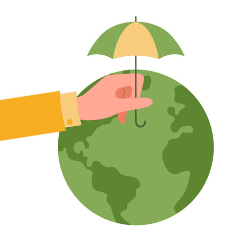 Hand holding umbrella over planet Earth. Think green. Concept of environmental protection. Save the Earth, plants, forests, ecology of planet. Eco-friendly. Sustainable lifestyle. Vector illustration.のイラスト素材