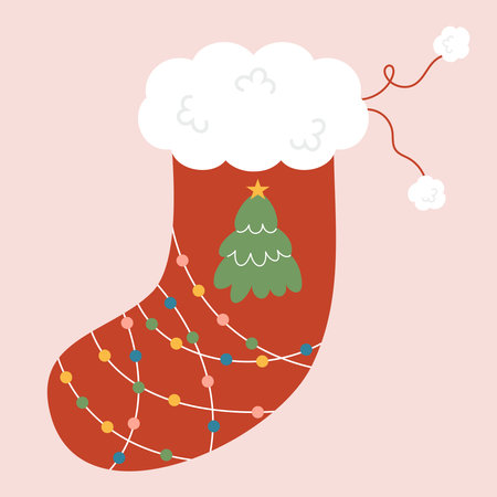 Colorful Christmas sock decorated with a Christmas tree and garlands. Winter woolen sock for gift. Cute winter footwear isolated on background. Colorful flat textured vector illustration.のイラスト素材
