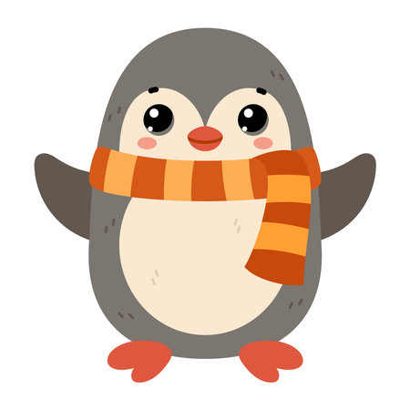 Penguin wearing warm scarf. Ð¡ute winter forest animal, isolated on white background. Flat vector illustration. Winter and autumn design, cold weather emoticon sticker.のイラスト素材