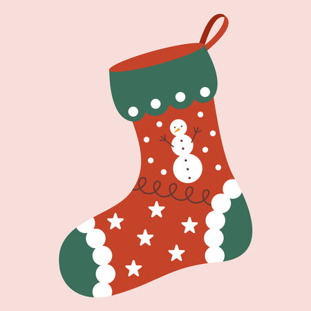 Colorful Christmas sock with a snowman. Winter woolen sock for gift. Cute winter footwear isolated on background. Colorful flat textured vector illustration.のイラスト素材