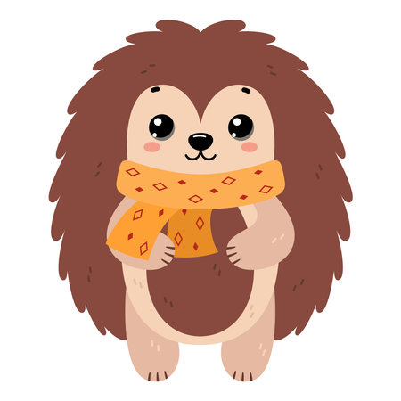 Hedgehog wearing warm scarf. Ð¡ute winter forest animal, isolated on white background. Flat vector illustration. Winter and autumn design, cold weather emoticon sticker.のイラスト素材