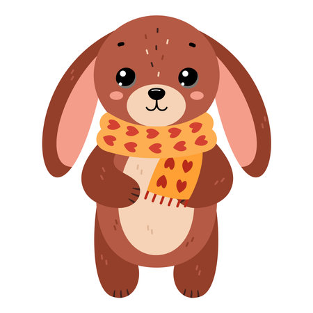 Hare wearing warm scarf. Ð¡ute winter forest animal, isolated on white background. Flat vector illustration. Winter and autumn design, cold weather emoticon sticker.のイラスト素材