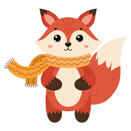 Fox wearing warm scarf. Cute winter forest animal, isolated on white background. Flat vector illustration. Winter and autumn design, cold weather emoticon sticker.のイラスト素材