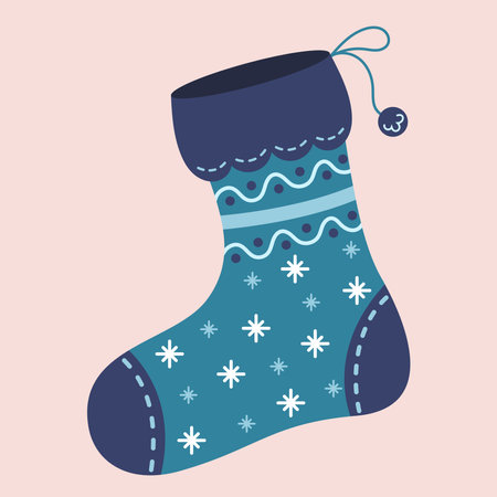 Colorful Christmas sock decorated with snowflakes. Winter woolen sock for gift. Cute winter footwear isolated on background. Colorful flat textured vector illustration.のイラスト素材
