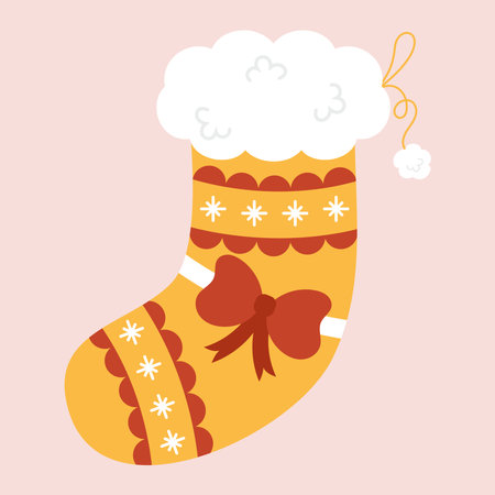 Colorful Christmas sock decorated with a bow. Winter woolen sock for gift. Cute winter footwear isolated on background. Colorful flat textured vector illustration.のイラスト素材