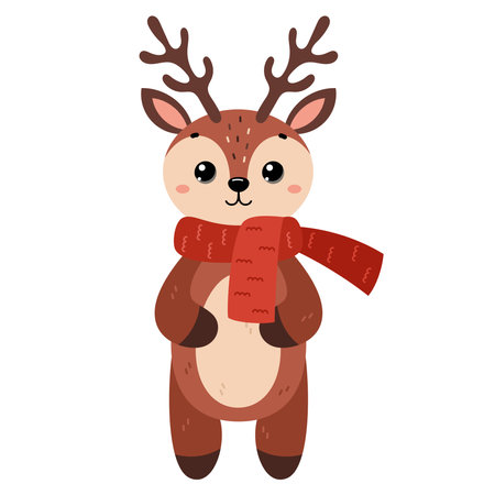 Deer wearing warm scarf. Ð¡ute winter forest animal, isolated on white background. Flat vector illustration. Winter and autumn design, cold weather emoticon sticker.のイラスト素材