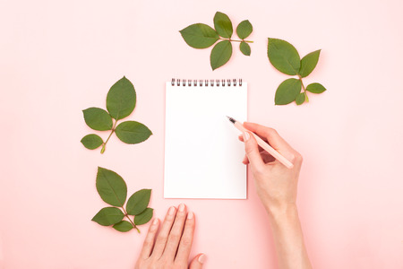 Woman's hands with nude manicure, a pen and spiral notepad. Decorated with green leaves. Handwriting plans or list. Pastel pink background. Flat-lay, top view. Copy space for your text.の写真素材