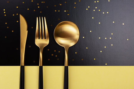 Set of stylish black and gold cutlery on color block background. Decorated with star shaped...