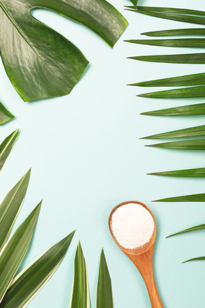 Collagen powder in measure spoon on palm leaves background. Extra protein intake. Natural beauty and health supplement. Vestical shot. Plant based collagen concept. Flatlay, top view. Copy space.の写真素材