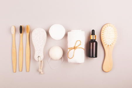 Plastic free personal care products on grey background. Zero waste  shopping for home. Eco friendly choice of living.の写真素材