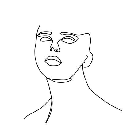 One line woman minimal fashion portrait. Minimal design, freehand composition, modern abstract style. Beauty fashion female portrait with lily flowers details. Trendy design for print, card, posters.のイラスト素材