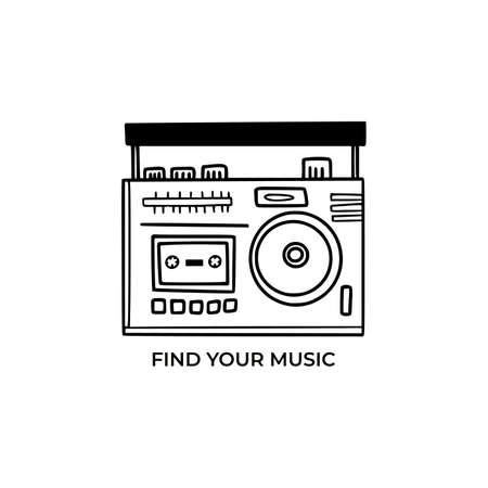 Old school radio tape recorder doodle in black and white.のイラスト素材