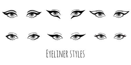 Collection of eyeliner styles. Beauty concept. Various application of eye make-up for everyday, festival of stage.のイラスト素材