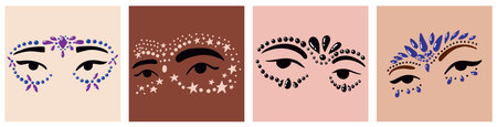 A set of woman eyes with creative crystal makeup. Gems and glitter around the eyes. Festival or everyday jewelred style.のイラスト素材