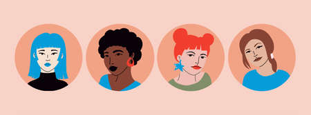 Set of women with different kind of beauty. Girls with various hair and skin colors, nationalities. Happy international women's day.のイラスト素材