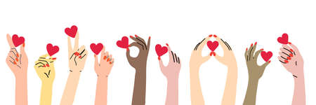 Many hands with hearts. Charity and donation concept concept. Non-profit organizations and humanitarian aid visualization.のイラスト素材