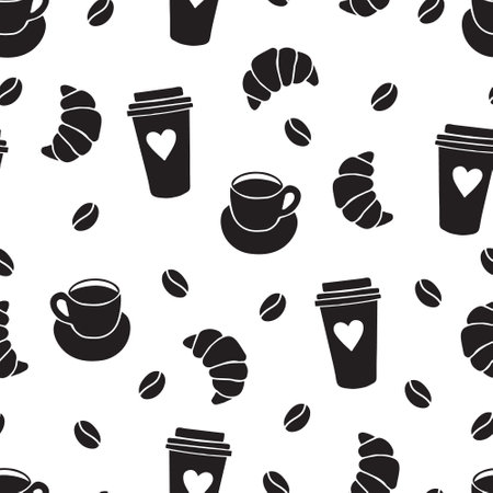 Seamless pattern made with cup of coffee and croissant. Cappuccino or latte with beautiful froth and pastry. Coffee shop, cafe, breakfast concept.のイラスト素材