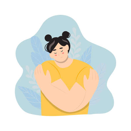 A woman is hugging herself. Support concept. Self-love, support concept. Help and compassion, depression illustration. Pesonal crisis, mental health and happiness.のイラスト素材