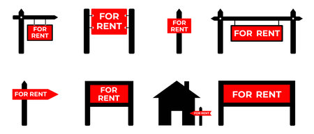 Real estate rent sign. Vector red sign for rent. Set of flat iconsのイラスト素材