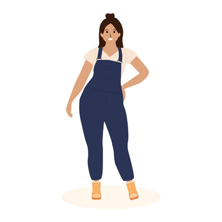 beautiful curvy girl. Woman wearing a fashionable denim jumpsuit standing full length.のイラスト素材