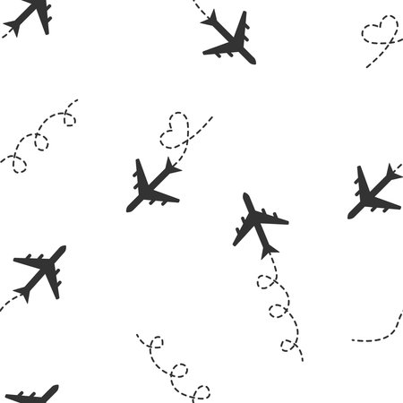 Seamless pattern airplane line path. Trace of the dotted curve line of the aircraft route.のイラスト素材