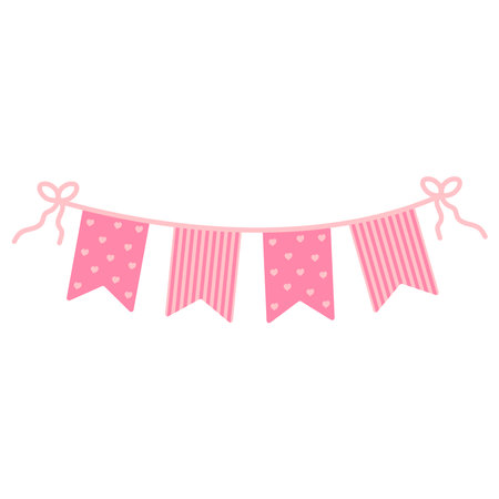 Festive decor for a children's holiday, baby shower girl. Pink triangular flags. vector flat illustrationのイラスト素材