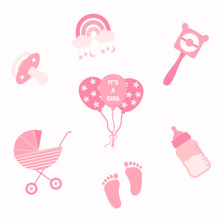 baby shower design elements. It's a girl. toys and newborn items.のイラスト素材