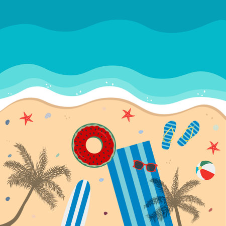 Beach illustration for banners, cards, flyers, social media, etc. Summer vector backgroundのイラスト素材