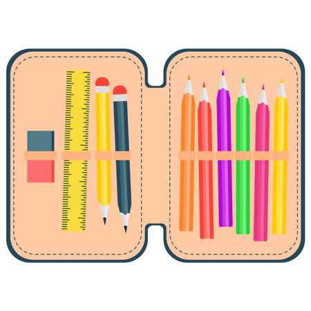 Pencil case with school supplies. vector flat illustrationのイラスト素材