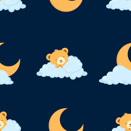 Night seamless pattern with sleeping bear and moonのイラスト素材