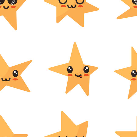 Seamless star kawaii pattern. Hand drawn doodle stars on white background.のイラスト素材