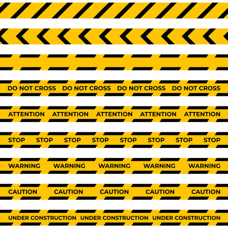 Warning tape set. Horizontal seamless borders. Black and yellow line striped. Vector illustrationのイラスト素材