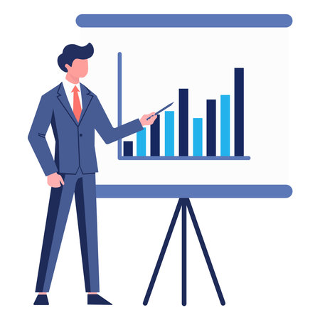 Man with a diagram on the board is giving a presentation with a pointer. Business presentation. Vector flat icon.のイラスト素材