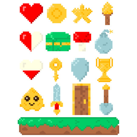 Set of elements for 8 bit games. Vector icon in pixel art styleのイラスト素材