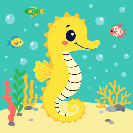 Children's cute animals. Pretty seahorse, fish, algae. Flat character for children. Vector illustrationのイラスト素材