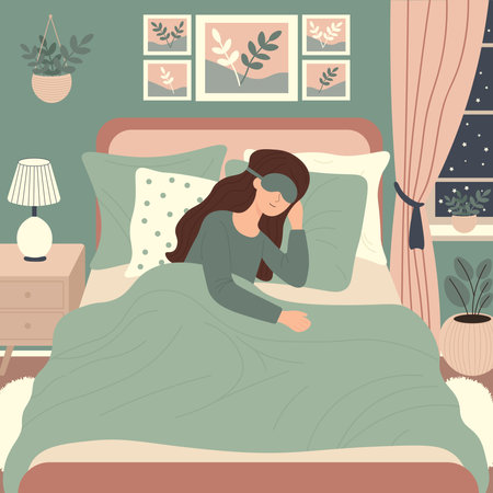 Woman sleeping with sleep mask in her bed. Healthy night sleep concept. Vector flat illustrationのイラスト素材