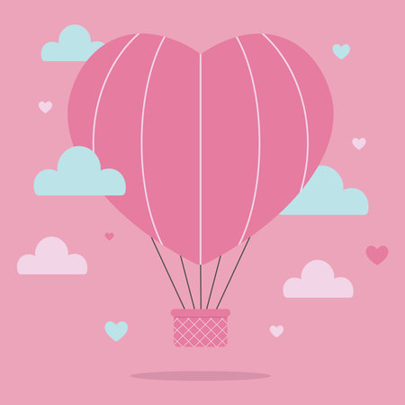 Flying hot air balloon. Cute Valentine's day card. Vector flat illustrationのイラスト素材