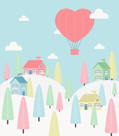 Minimalistic Valentine's Day card. Village with houses and flying hot air balloon. Vector flat illustrationのイラスト素材