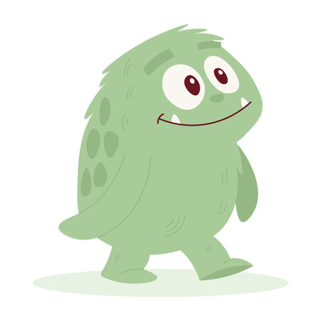 This high-resolution vector illustration shows a cute, rounded green monster with soft, furry texture and big, expressive eyes. Its two small white teeth peek out from a friendly smile as it ambles across a minimal, light background. Subtle darker-green patches on its back and finely sketched line details give the character depth without overwhelming the simple, clean style.のイラスト素材