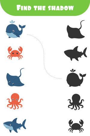 Colorful matching activity with cute sea creatures and their shadows. Fun printable game for kids' logic development.のイラスト素材