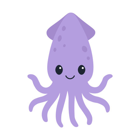 Adorable purple squid with big eyes and smile in flat cartoon style great for childrens designs and educational materials.のイラスト素材