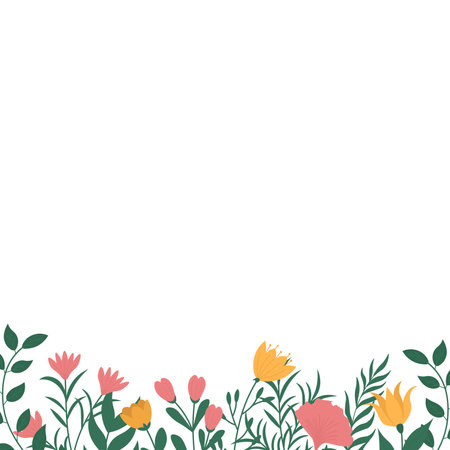 A row of pink and yellow wildflowers and foliage creates a clean frame perfect for spring and summer designsのイラスト素材