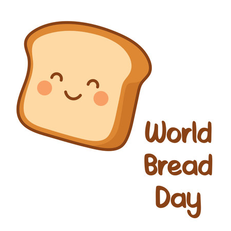 Smiling cartoon bread with blush cheeks and text in hand drawn font on white backgroundのイラスト素材