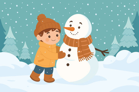 Cute boy in warm clothes hugging snowman in snowy forest during snowfallのイラスト素材