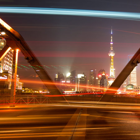 night traffic in shanghai garden bridgeの写真素材