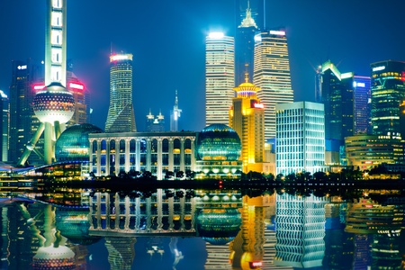 beautiful night view of shanghai skylineの写真素材