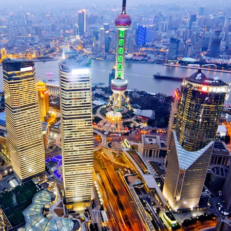 aerial view of shanghai at night from jinmao buildingのeditorial素材