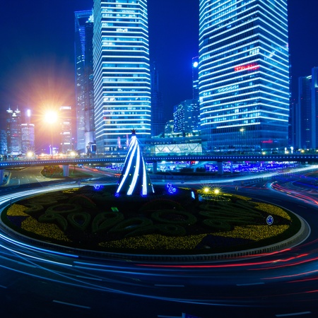 Beautiful Shanghai Pudong skyline at dusk in Shanghai, Chinaの写真素材